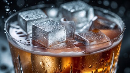 Luxury Cocktail Macro Close-Up with Ice and Glass Texture