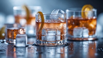 Luxury Cocktail Macro Close-Up with Ice and Glass Texture