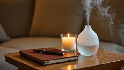 Cozy tabletop scene with lit candle, aroma diffuser releasing steam, notebook, and pen on wooden table, creating a calm wellness mood for relaxation and home lifestyle concepts.