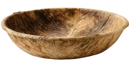 A natural dried palm leaf bowl with a deep round shape on a white background, showcasing earthy tones and organic texture, ideal for rustic table settings