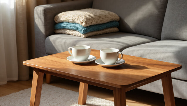 Cozy living room scene with wooden coffee table, two cups, soft sofa, and folded blankets, styled for calm mornings, relaxation, and modern home comfort lifestyle use.