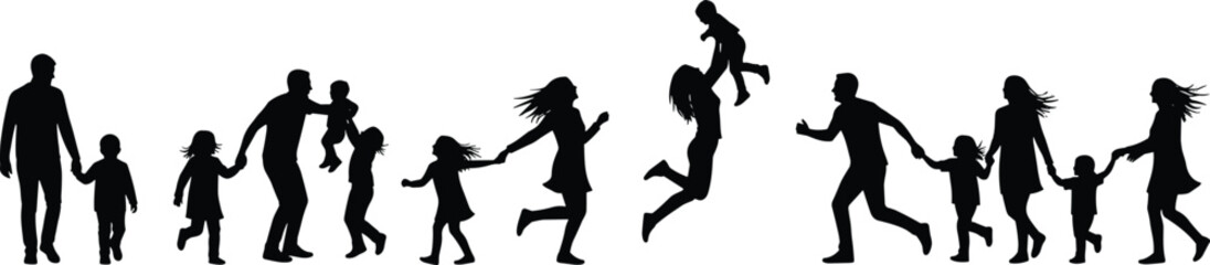 Joyful Family Silhouettes Vector Set, Parents Playing with Children, Jumping and Walking, Representing Love, Togetherness, Happy Childhood, and Active Parenthood Lifestyle Graphics