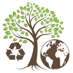 A stylized illustration of a healthy green tree, the globe, and a recycling symbol for sustainability