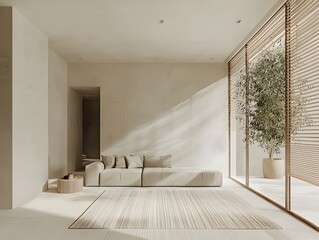Photo of a bright and airy minimalist living room with sleek furniture and natural light streaming
