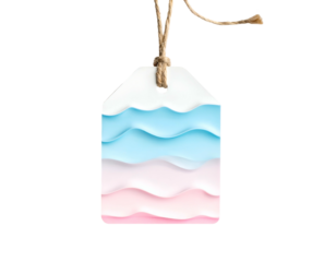Tag with wavy pastel layers, hanging by twine