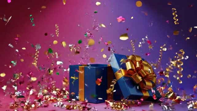 Explosive gift box celebration with colorful confetti burst and glittering particles