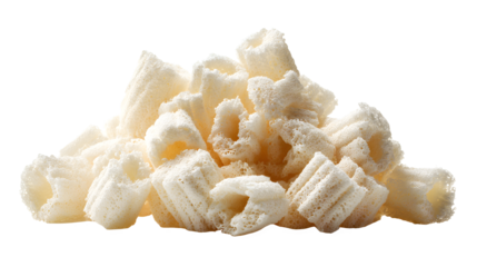 A pile of biodegradable cornstarch packing peanuts fills the frame against a white background for eco friendly shipping solutions