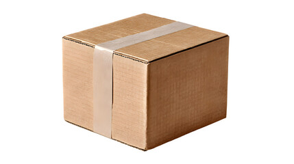 Fototapeta premium A plain brown corrugated cardboard shipping box with clear packing tape on a white background