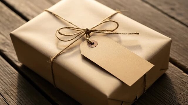 Wrapped gift on wooden table with twine and blank tag transitioning through sunlight