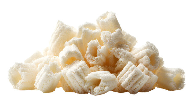 A pile of biodegradable cornstarch packing peanuts fills the frame against a white background for eco friendly shipping solutions