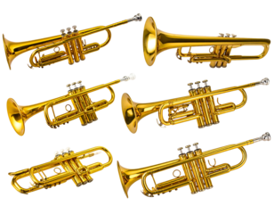 Six shiny golden brass musical instruments