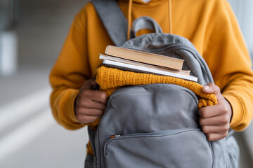 A person is holding a backpack with books and a yellow sweater
