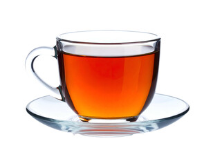 Hot amber beverage in a clear cup and saucer