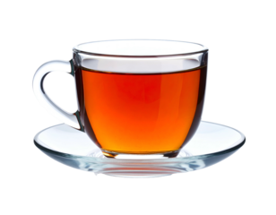 Hot amber beverage in a clear cup and saucer