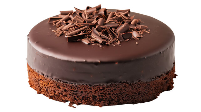 Rich chocolate mousse cake with ganache and shavings for bakery celebrations isolated.

