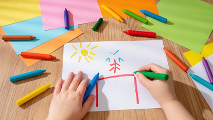 Kids drawing simple pictures with crayons on colorful paper, capturing creativity, imagination, and educational art play during family time at home.