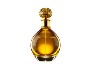 Elegant amber liquid in a rounded glass bottle with gold accent