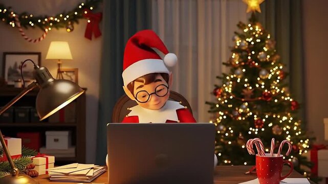 Christmas Elf Working on Laptop in Festive Living Room
