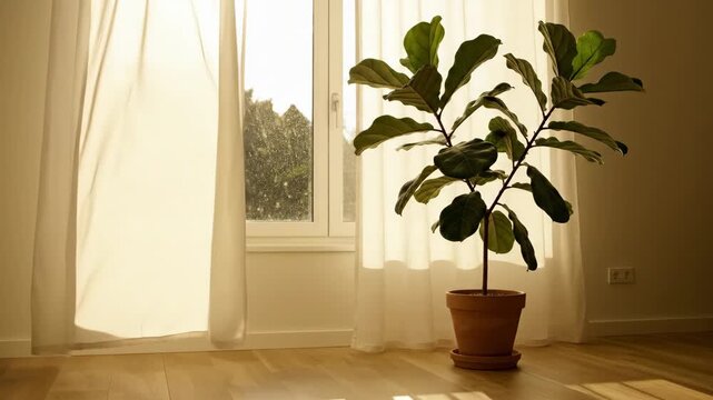 Fiddle Leaf Fig in Sunlight - A fiddle leaf fig plant in a terracotta pot sits beside a window with sheer white curtains allowing soft light to filter into the room.