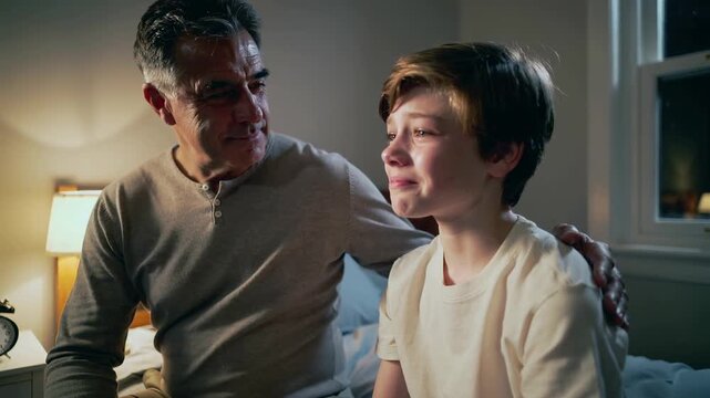 father Comforting son on Bed in Bedroom at Night - school bullying concept