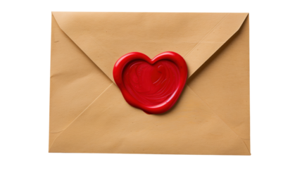 Vintage brown paper envelope with red heart wax seal for romantic letters isolated.

