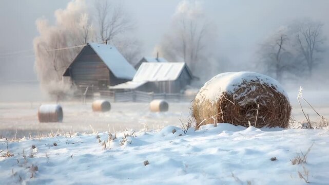 A serene winter scene featuring a rustic barn and a house covered in snow. The barn and house are set against a misty backdrop, with the snow blanketing the landscape.