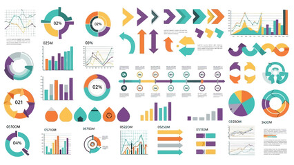 Collection of colorful business data visualization elements including pie charts, bar graphs, line charts, process flow diagrams, and arrows for infographics and presentations