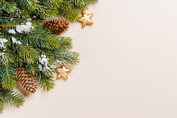 Snowy fir branches with cones on beige background