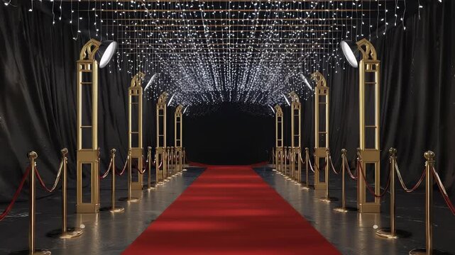 Red Carpet Entrance with Golden Ropes and Lighting - Hollywood Glamour and VIP Access Pathway