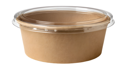 A round disposable salad bowl made of brown kraft paper with a clear plastic lid on a white background, ideal for eco friendly packaging and takeout food