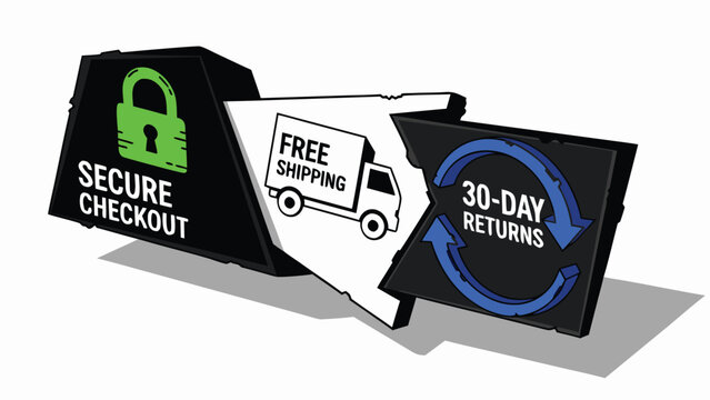 Vector Illustration of e-commerce trust badges featuring secure checkout with green padlock, free shipping truck, and 30-day returns guarantee symbols for online retail.