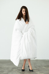 Fototapeta premium Natural emotional portrait of young woman model with expressive face, authentic beauty, lifestyle mood, clean skin, real emotions, modern female portrait photography in studio