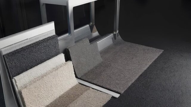 Fabric Sample Swatches Displayed on Grey Tabletop - Textile Material Selection for Design and Interior Applications.