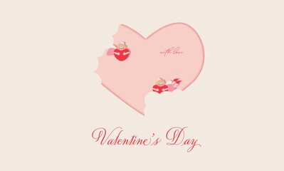 Cute Valentine’s Day illustration with heart and small cupid characters in paper cut style. Romantic pastel background for greeting cards, love messages and holiday designs.