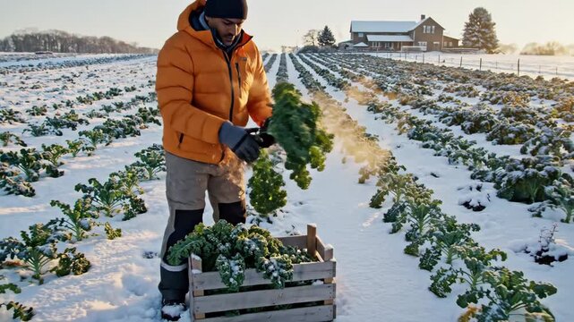 Winter Kale Harvest - A farmer in an orange jacket harvests kale from a snow-covered field. He is placing the freshly harvested kale into a wooden crate.