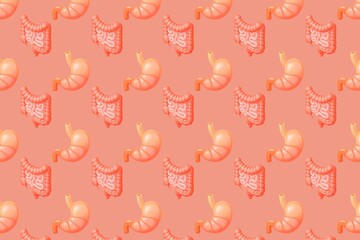 3D digestive system pattern with stomach and intestines on coral background for gastroenterology, medical education content
