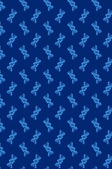3D DNA double helix pattern on deep blue background, repeating genetic structure for biotechnology, science education design