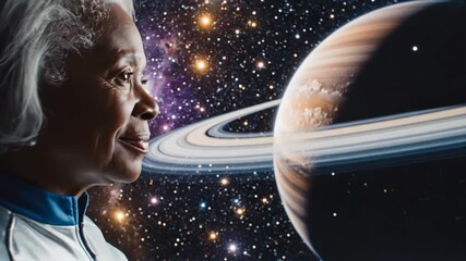 Senior Astronaut Gazing at Saturn - An elderly woman dressed in a silver spacesuit with a blue collar smiles as she looks towards Saturn and its rings.
