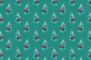 3D microscope pattern on turquoise background, repeating laboratory equipment design for science education, medical research branding