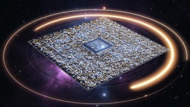 Futuristic Quantum Computing Chip with Glowing Energy Ring in Space.