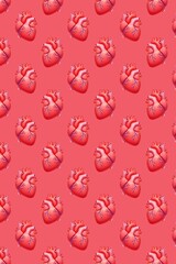 3D anatomical human heart pattern on coral pink background, repeating medical illustration for cardiology, healthcare education
