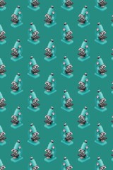 3D microscope pattern on turquoise teal background, repeating laboratory equipment for science education, medical research design