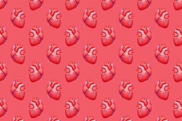3D anatomical human heart pattern on coral pink background, repeating medical illustration for cardiovascular health education