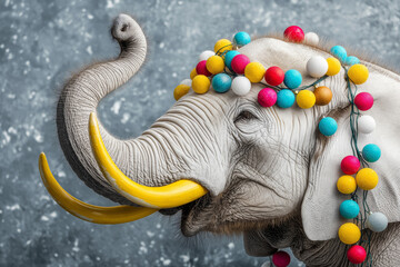 An elephant with Christmas decorations for Christmas party on gray background.  
