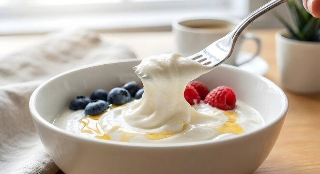 Healthy breakfast bowl of Greek yogurt with fresh berries and honey.

