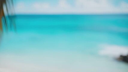 A closeup image of a hand holding a coconut against a serene blue sky and ocean backdrop. The hand is positioned in a way that suggests the palm facing the viewer.