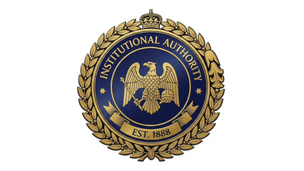 Official seal badge with decorative border, institutional authority theme.
