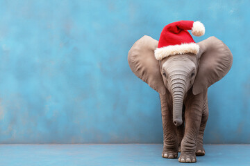 An elephant dressed as Santa Claus on Christmas party background. 
