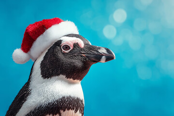 A photo of a penguin dressed as Santa Claus for Christmas party background. 