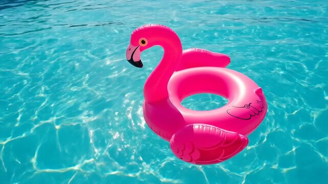 Vibrant flamingo float gently drifts in sparkling blue pool under sunny skies
